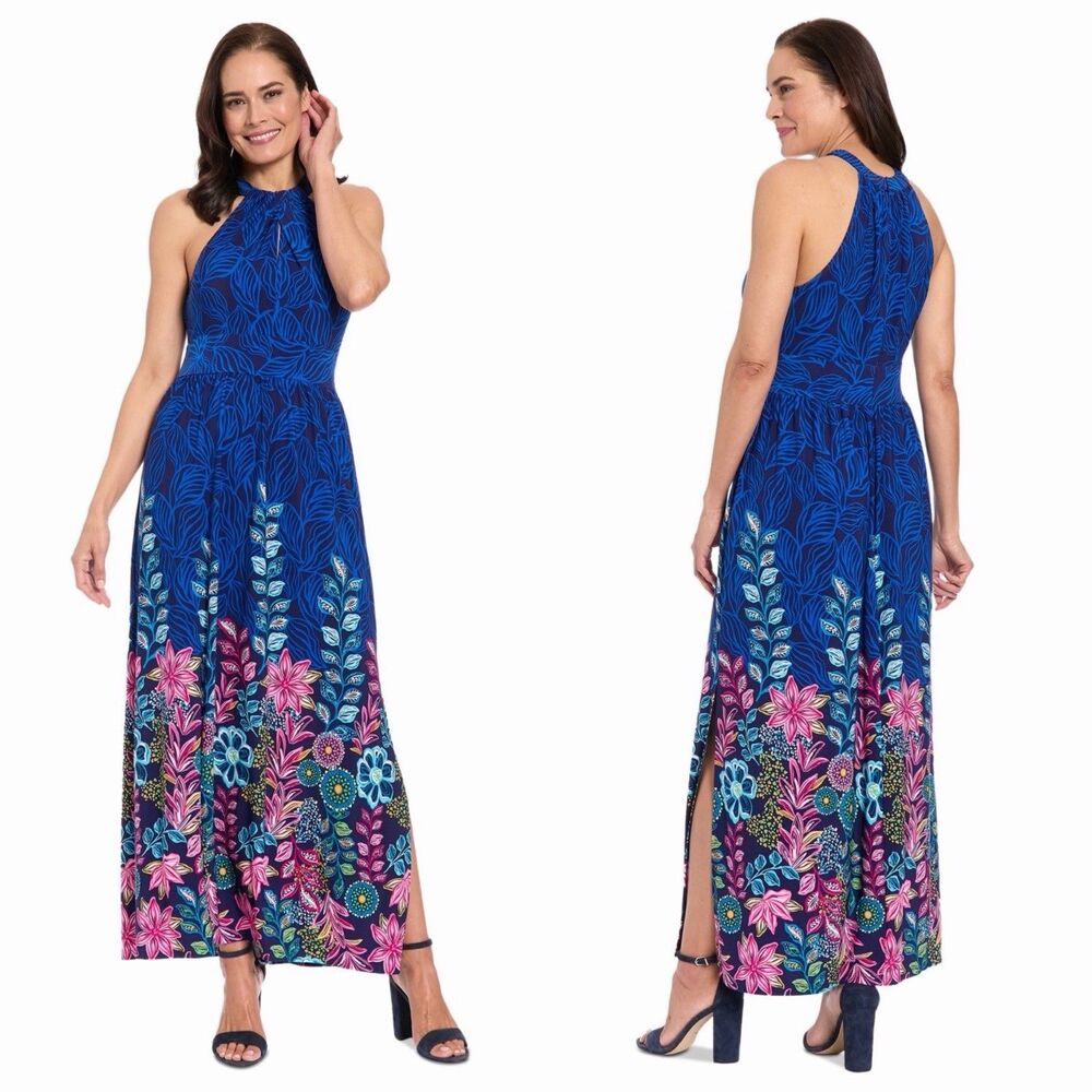 London Times Blue Shirred Halter Keyhole Floral Print Maxi Dress Slit 12